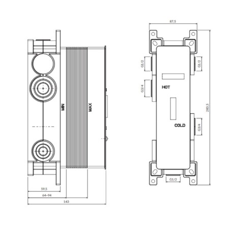 Omnires Box element podtynkowy termostatycznej baterii 3-wyjściowej - rysunek techniczny
