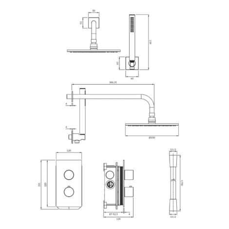 Omnires Contour termostatyczny system prysznicowy podtynkowy złoty szczotkowany - rysunek tech.