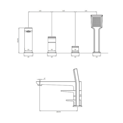 Omnires Parma bateria wannowa 4-otworowa chrom/biały - rysunek techniczny