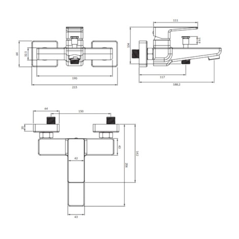 Omnires Parma bateria wannowa chrom - rysunek techniczny