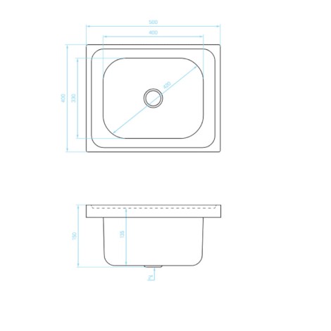 Kuchinox Eko zlewozmywak stalowy nakładany 1 komorowy gładki inox  40x50x15 cm-rys.tech.