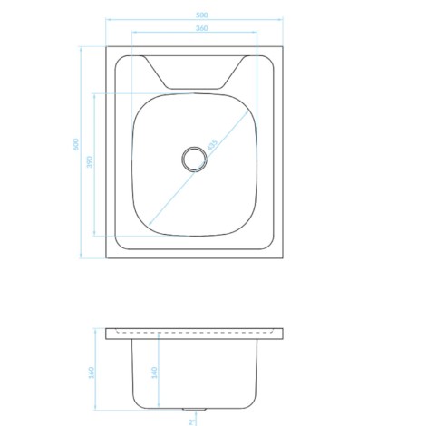 Kuchinox zlewozmywak stalowy nakładany 1 komorowy gładki inox 60x50x16-rys.tech.