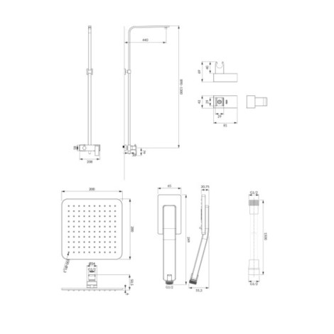 Omnires Parma system prysznicowy natynkowy grafit - rysunek techniczny