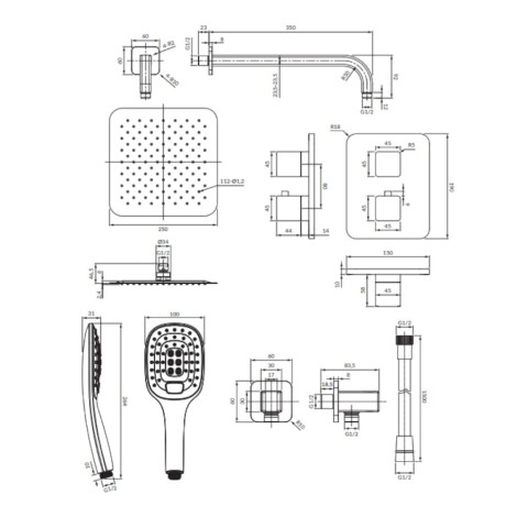 Omnires Parma termostatyczny system prysznicowy podtynkowy chrom - rysunek techniczny