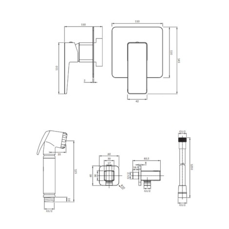 Omnires Parma system bidetowy podtynkowy chrom - rysunek techniczny
