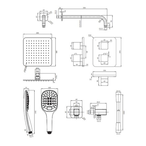 Omnires Parma termostatyczny system prysznicowy podtynkowy chrom/biały - rysunek techniczny