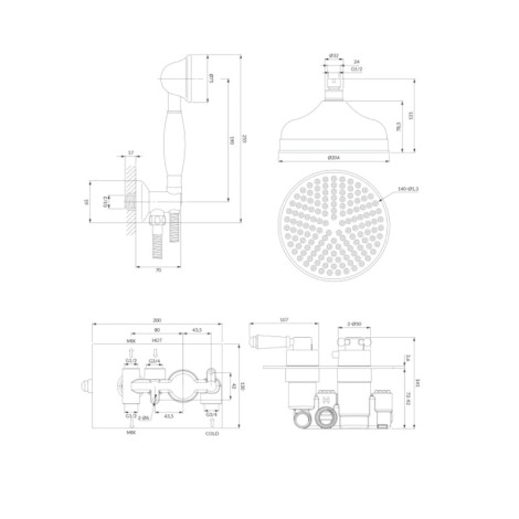 Omnires Retro termostatyczny system prysznicowy podtynkowy chrom - rysunek techniczny