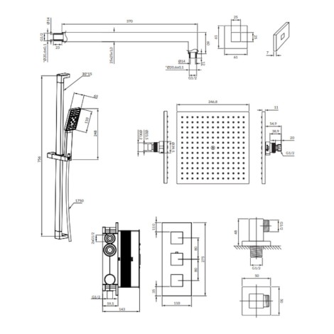 Omnires Fresh system prysznicowy podtynkowy chrom - rysunek techniczny