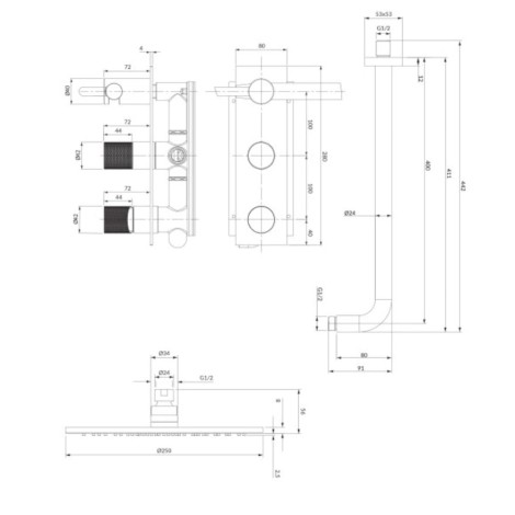 Omnires Contour system prysznicowy podtynkowy chrom - rysunek techniczny