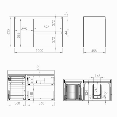 Elita Split szafka podumywalkowa z szafka cargo 100 cm biała - rysunek techniczny.