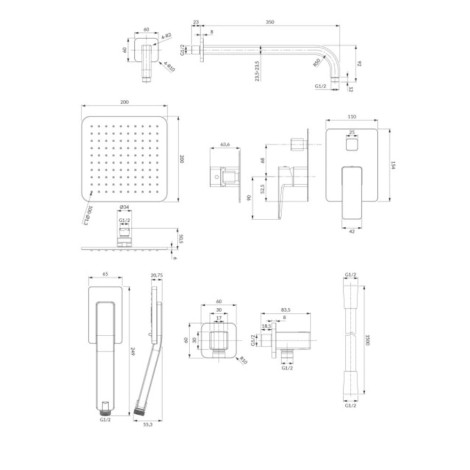 Omnires Parma kompletny system podtynkowy czarny - rysunek techniczny