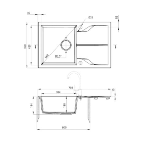 Deante Andante zlewozmywak granitowy 1-komorowy z ociekaczem 78,0x49,0x19,4 cm.