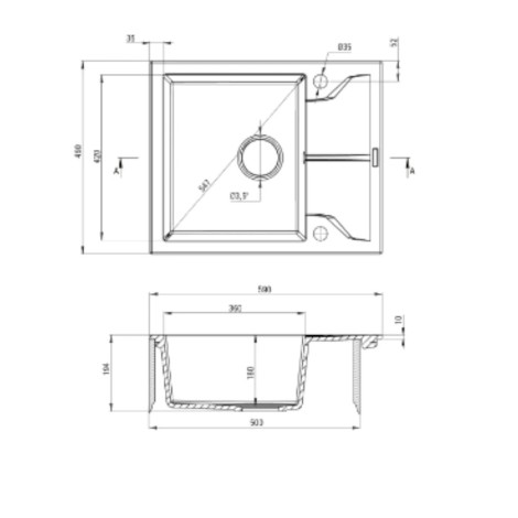 Deante Andante zlewozmywak granitowy 1-komorowy z ociekaczem 59,0x49,0x19,4 cm.