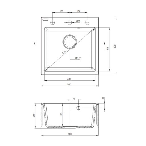 Deante Evora zlewozmywak granitowy 1-komorowy 50,0x50,0x21,6 cm.