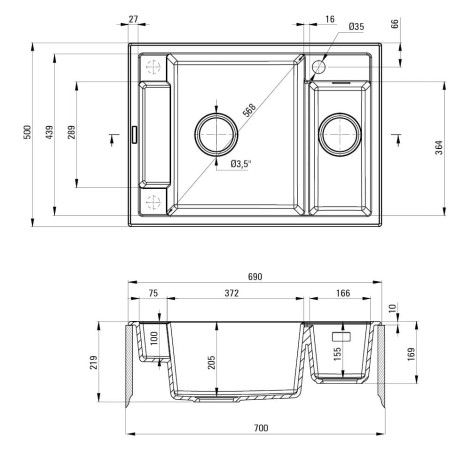 Deante Magnetic zlewozmywak granitowy magnetyczny 1.5-komorowy 69x50 szary metalik.