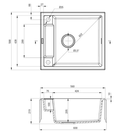 Deante Magnetic zlewozmywak granitowy magnetyczny 1-komorowy 56x50 szary metalik.