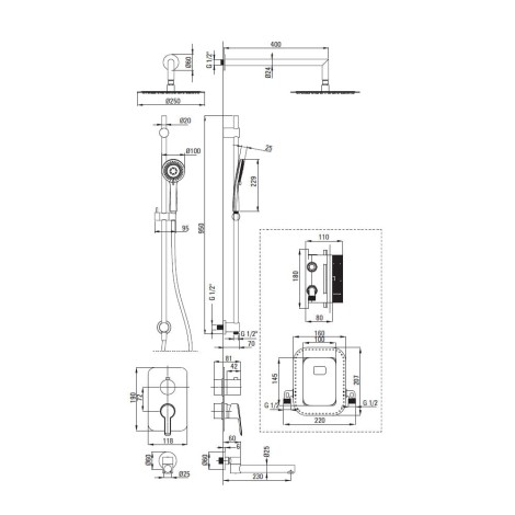 Deante Arnika zestaw podtynkowy natryskowy z boxem mieszaczowym z drążkiem nero