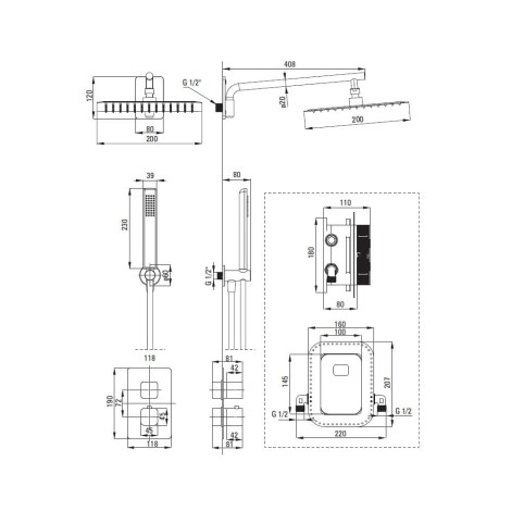 Deante Box zestaw podtynkowy natryskowy zaokrąglony z boxem termostatycznym nero
