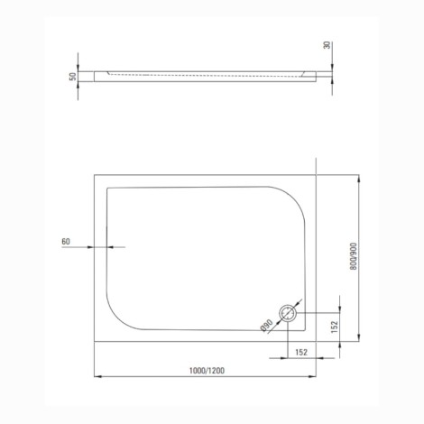 Deante Cubic brodzik prostokatny 90x100 cm - rysunek techniczny.