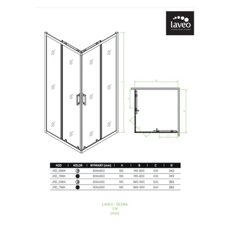 Laveo Desna kabina natryskowa kwadratowa szkło transparentne czarna 90x90x185cm -rysunek techniczny