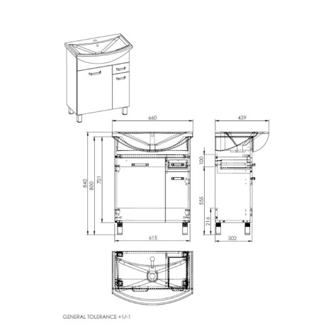 Elita Sunn komplet szafka z umywalką 65 biały - rysunek techniczny
