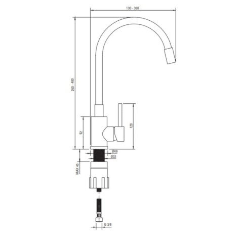 Deante Luno bateria zlewozmywakowa z giętką wylewką stal-szary - rys. techniczny
