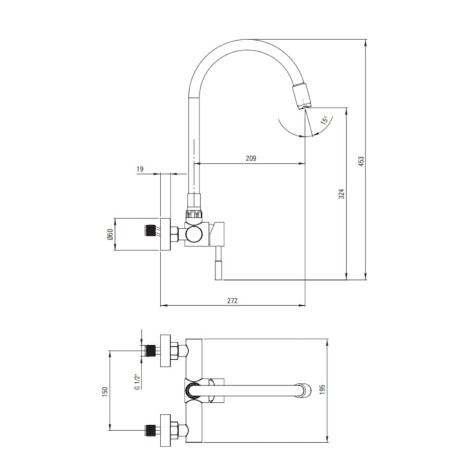 Deante Luno bateria zlewozmywakowa ścienna z giętą wylewką czarna - rys. techniczny