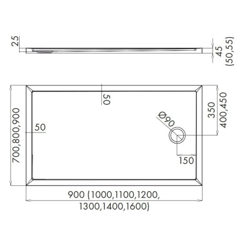 Schedline Estima brodzik prostokątny 80x100cm - rysunek tech