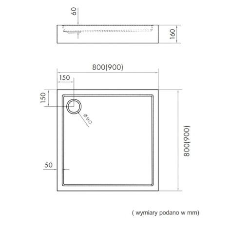 Schedpol Favory Plus white stone brodzik kwadratowy 90x90cm - rysunek tech