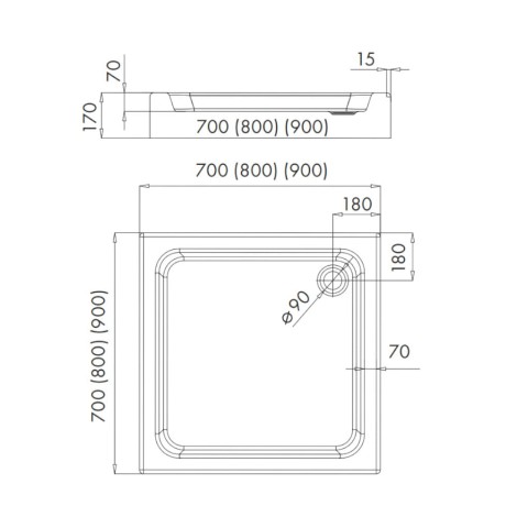 Schedpol Grando Plus brodzik kwadratowy 90x90cm-rysunek techniczny