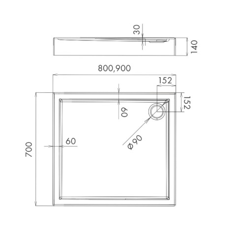 Schedpol Competia brodzik prostokątny 70x90cm - rysunek tech