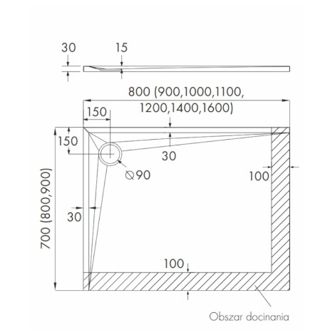 Schedpol Etrusco White stone brodzik prostokątny 90x100cm-rysunek tech