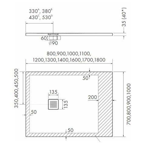 Schedpol Kalait white stone brodzik prostokątny 80x120cm-rysunek tech