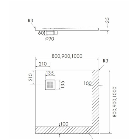 Schedpol Kalait blackstone brodzik kwadratowy 90x90cm-rysunek tech