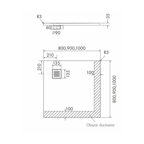 Schedpol Kalait white stone brodzik kwadratowy 90x90cm-rysunek tech