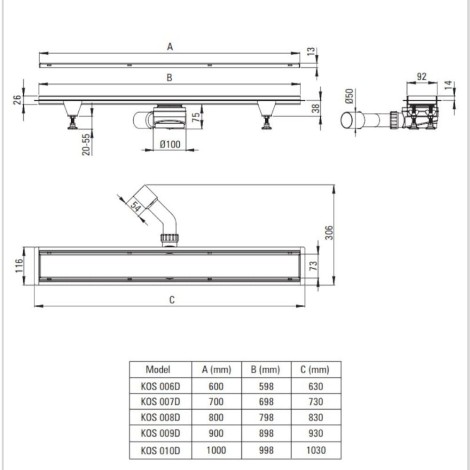Deante Odpływ liniowy podłogowy odwracalny 60 cm -rysunek techniczny