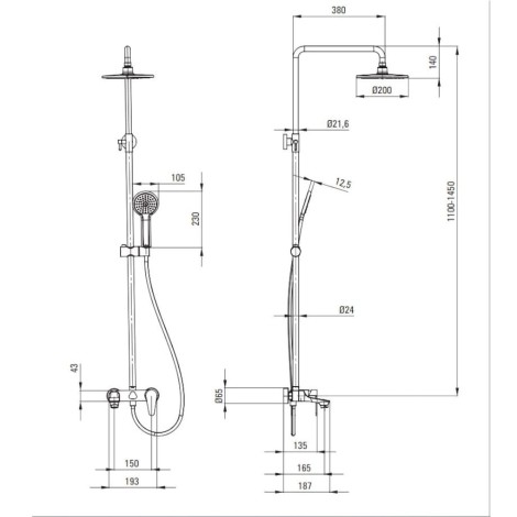 Deante Coriander deszczownia z baterią wannową chrom - rysunek techniczny.