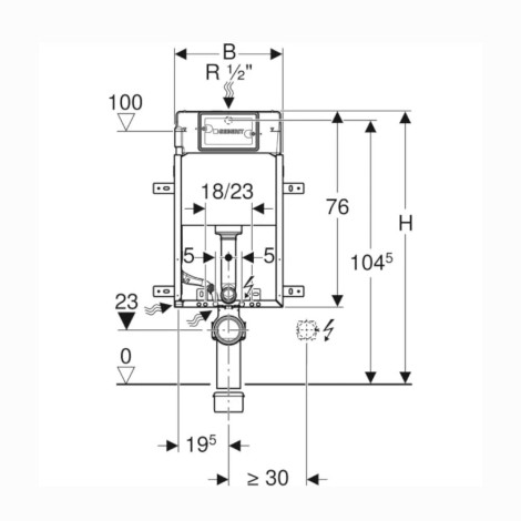 Geberit Kombifix Basic stelaż podtynkowy do miski WC wysokość 108 cm - rysunek techniczny.