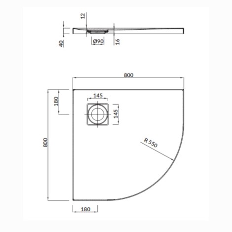 Cersanit Tako Slim brodzik półokrągły z syfonem 80 x 80 x 4 cm - rysunek techniczny.