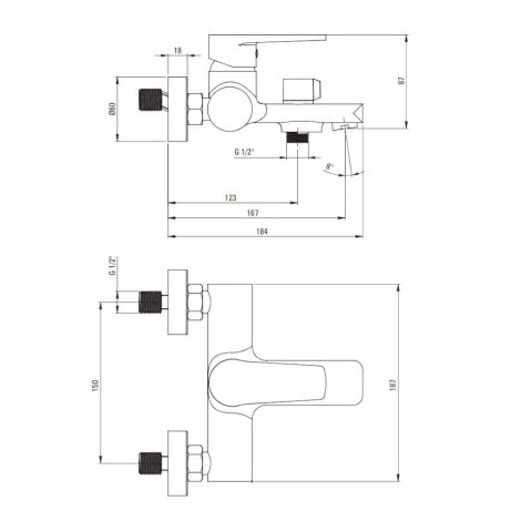 Deante Tubo bateria wannowa ścienna chrom - rysunek techniczny.