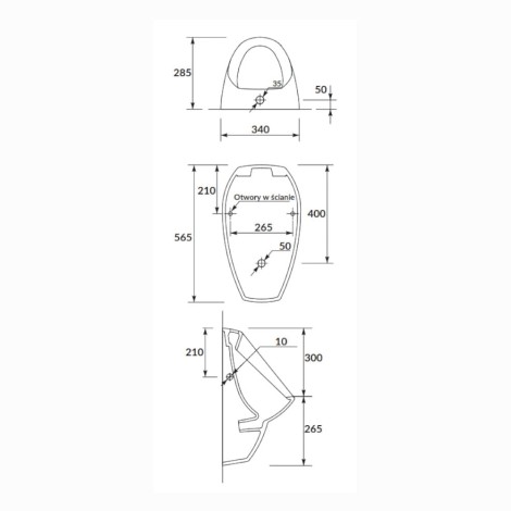Cersanit Apollo pisuar wiszący z otworem na baterię - rysunek techniczny.