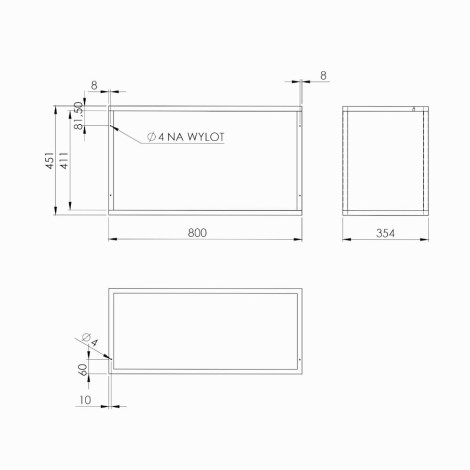 Elita stelaż podszafkowy 80 cm black mat z półką szklaną - rysunek techniczny.