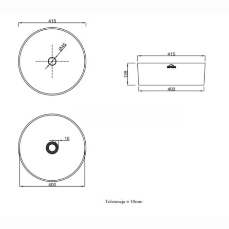 Invena Kos umywalka nablatowa 42 cm okrągła czarny-złoty połysk - rysunek techniczny.