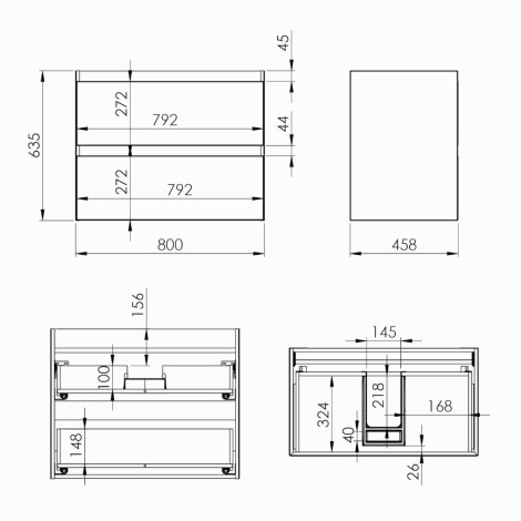 Elita Split szafka podumywalkowa 80 cm biały mat - rysunek techniczy.
