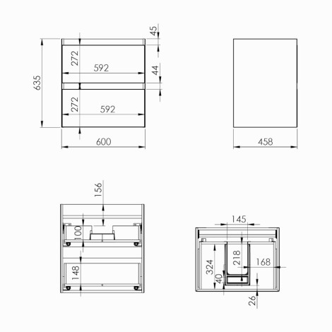 Elita Split szafka podumywalkowa 60 cm biały mat - rysunek techniczny.