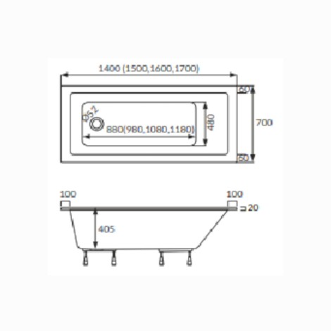 Schedpol Thalia wanna prostokątna z stelażem 170x70x40,5 cm - rysunek techniczny.