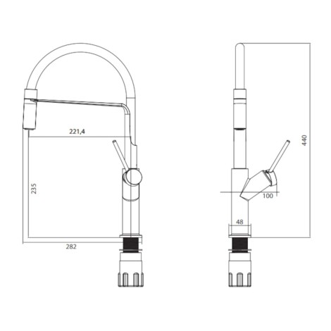Omnires Vita bateria zlewozmywakowa chrom/czarny mat - rysunek techniczny