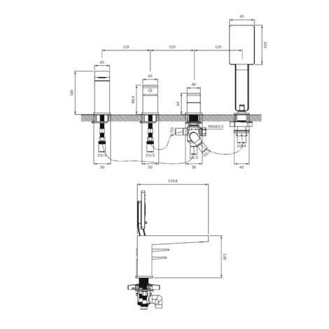 Omnires Fresh bateria wannowa 4-otworowa chrom - rysunek techniczny