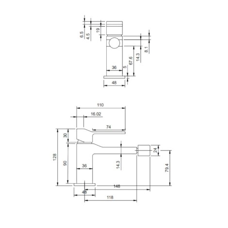 Omnires Slide bateria bidetowa chrom - rysunek techniczny