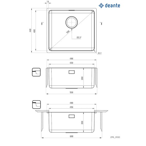 Deante Egeria zlewozmywak stalowy 1-komorowy 49x44  stal szczotkowana.